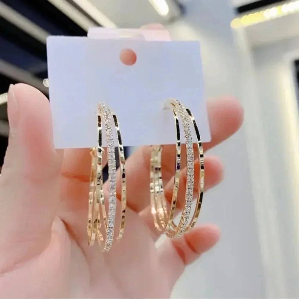 Three-Layer C-Shape 18K Gold-Plated Hoop Earrings - Picture 6 of 8